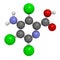 Picloram herbicide molecule. Atoms are represented as spheres with conventional color coding: hydrogen (white), carbon (grey),