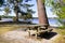 Picnic area wooden table on the water lake hostens coast