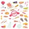 Picnic barbecue grill food set of barbeque meat accessories icons with steak, grilled sausages, salmon, fork collection