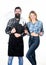 Picnic and barbecue. Man bearded hipster and girl ready for barbecue white background. Summertime leisure. Backyard