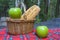 Picnic basket with baguette and fruits on checkered cloth on rocks. Romantic still life of autumn or summer outing, lunch at