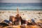 Picnic basket with bread, buns, rolls, thermoses and cups at the beach. Picnic outdoors