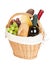 Picnic basket with bread, cheese, grape and wine bottles