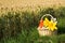 Picnic basket with bunch of flowers