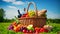 Picnic Basket Filled With Delicious Fruit and Wine , Picnic basket with lots of food on green grass with a blue sky in the park,