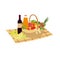 Picnic basket filled with food vegetables and fruits. Vector family picnic. Summer picnic, barbecue.