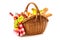 Picnic basket with fruit bread and wine