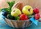 Picnic basket full of fresh food bread, fruit