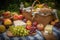 picnic basket overflowing with fresh fruits and cheeses, ready for an al fresco feast