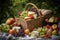 picnic basket overflowing with fresh fruits and cheeses, ready for an al fresco feast