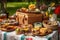 picnic basket overflowing with gourmet treats and colorful dishes