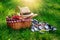 Picnic basket with raspberries, grapes, baguette and wine glasses