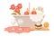 Picnic Basket with Rose Flowers and Milk Jar, Hamper with Croissant, Apple and Cake Food for Outdoor Summer Recreation