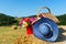 Picnic basket and summer hat in agriculture landscape