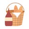 picnic basket wine bottle bread baguettes and napkin