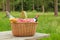 Picnic basket in a woodland setting