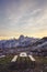 Picnic bench in stunning alpine scenery at sunset. The mountain