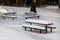 Picnic benches and desk covered with deep snow during winter, sun shines through forest trees in background