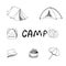 Picnic, camping, tent, camp, vector set of hand-drawn elements in doodle style