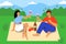 Picnic date young couple in park vector illustration concept