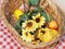 Picnic equipment, sun hats decorated with artificial flowers.