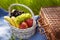 Picnic in the garden. Basket with fruits.