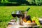 Picnic on the grass with chilled wine in glasses and a basket of fresh fruits for two