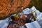 Picnic at the hayloft. near a straw bale. Summer, beauty, fashion, glamour, lifestyle concept. Cottagecore farmcore naturecore