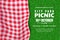 Picnic horizontal background. Vector poster or banner template with realistic red gingham plaid on green grass lawn