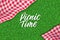 Picnic horizontal background. Vector poster or banner template with realistic red gingham plaid on green grass lawn