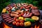 Picnic indulgence, steak, sausages, chicken, and veggies sizzle on BBQ