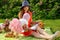 Picnic, mother and daughter resting