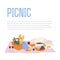 Picnic, outdoor relax vector illustration. food and basket in flat style. Background with place for text.