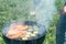 Picnic outdoors in the summer. Cooking on a round grill fish sea bass and zucchini slices