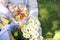 Picnic in the park on the green grass, on a sunny summer day. Flowers, basket, wine in glasses and a blanket. Copy space. Flat lay