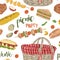 Picnic party. Seamless pattern with food and basket.