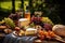 picnic scene with cheese board and autumnal fruits