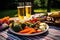 picnic scene with pilsner beer and array of grilled veggies