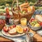 A picnic scene in a watercolor painting that brings to life the delicious and refreshing foods enjoyed outdoors