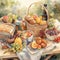 A picnic scene in a watercolor painting that brings to life the delicious and refreshing foods enjoyed outdoors