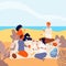 Picnic seaside. Family relax at summer beach outdoor people beverage dinner funny adults picnic vector flat characters