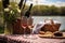 picnic setting with a wine bottle and a pair of glasses