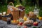 picnic setup with delicious picnic basket full of fruits and cheeses