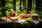 picnic setup with sandwiches, fruits, and drinks in forest