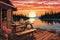 picnic setup on a wooden dock by a log cabin on a sunset lake, magazine style illustration