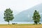 Picnic site table and benches near fjord in Norway,