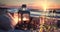 picnic on sunset at sea , straw hat, wine ,juice,and wild flowers on beach sand ,sun blurred light