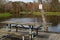 Picnic table with alligator warning sign