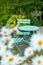 Picnic table and chairs in a lush garden at a peaceful park or tranquil courtyard surrounded by daisy flowers outdoors