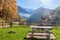 Picnic table in front of a autumnal panorama